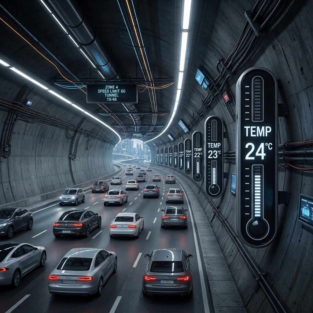 Distributed Temperature Sensing analogy - a string of temperature gauges monitoring temperature in a long tunnel for fire detection